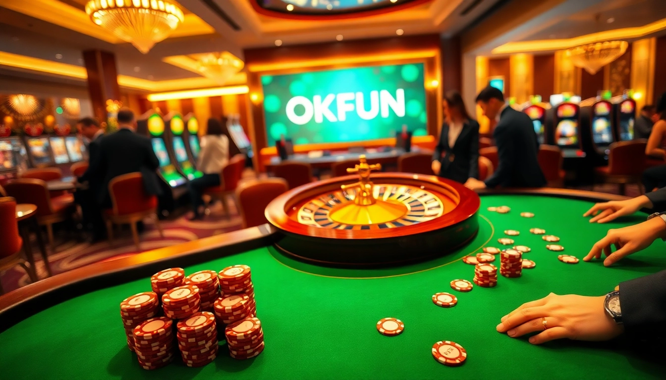 Experience the thrill of Đăng Nhập OKFUN at an upscale casino's poker table surrounded by excitement.