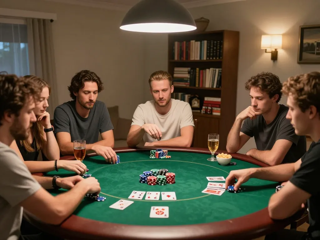 Engaging poker game with friends at home showcasing FLY88 gaming strategies and friendly competition.
