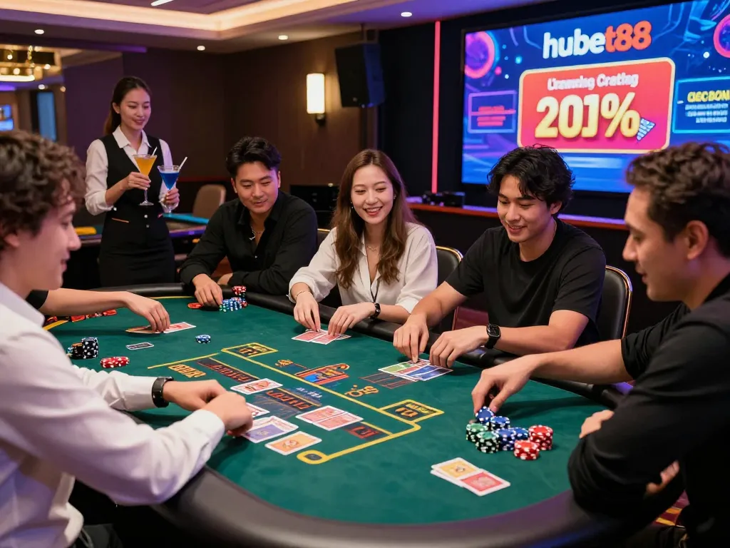 Exciting hubet88 online casino scene with diverse players enjoying a lively game.
