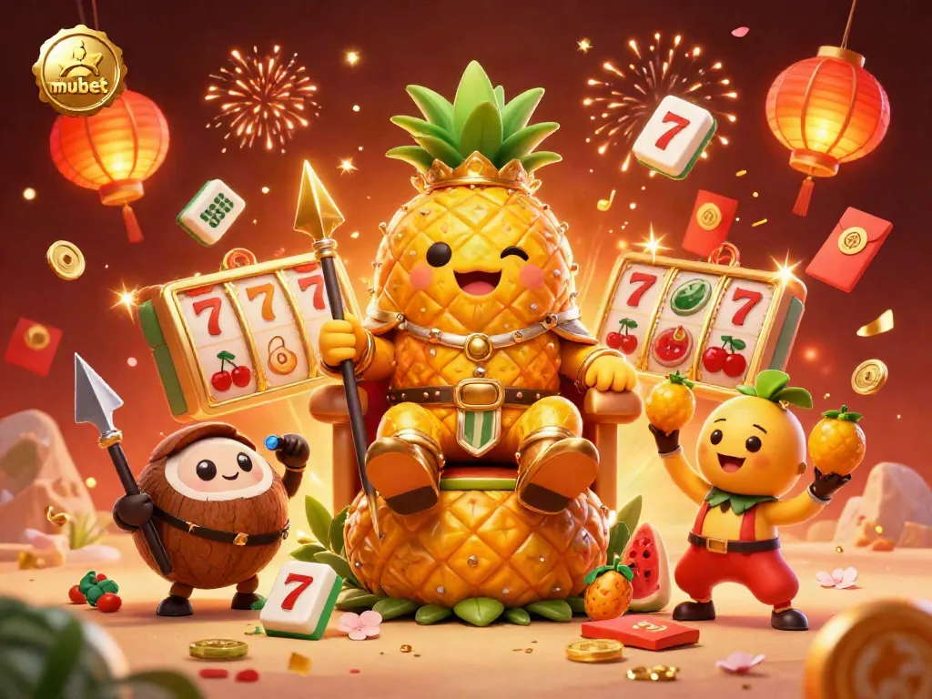 Mubet's vibrant casino scene with a pineapple king, colorful game elements, and a festive atmosphere.