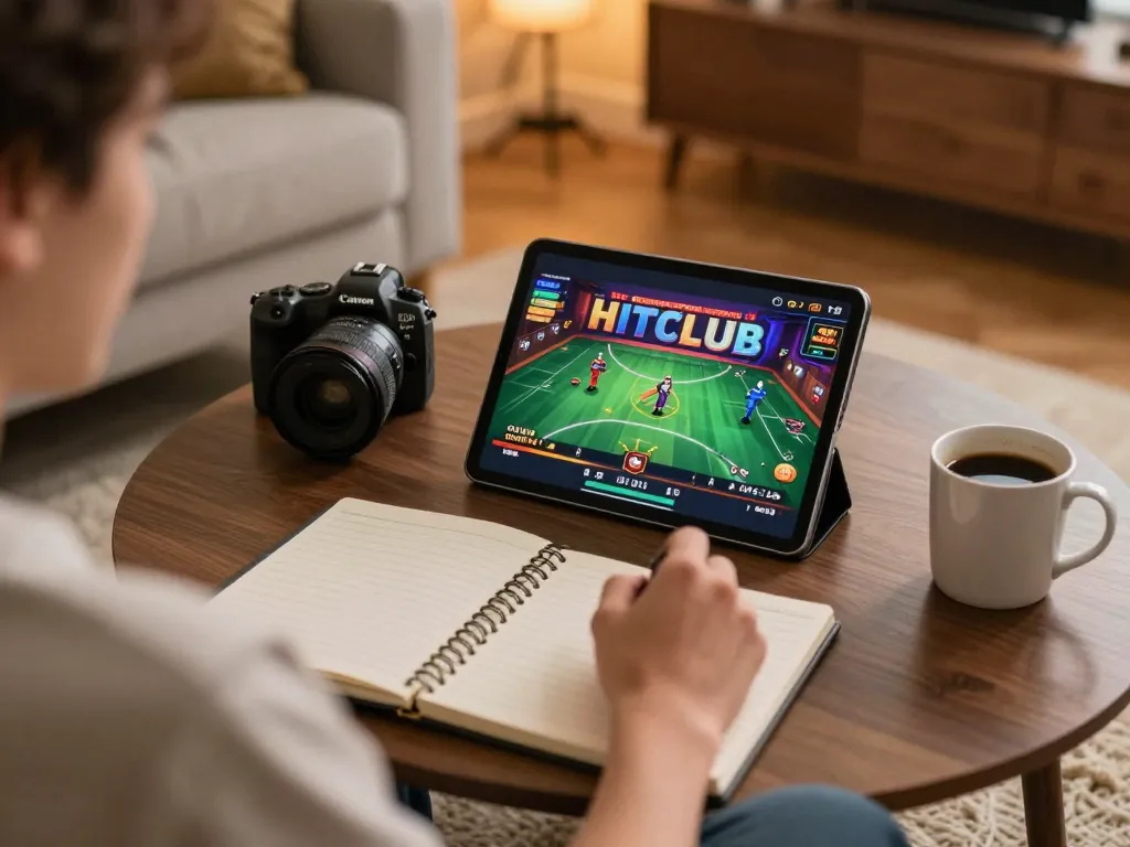 Player enjoying game casino HITCLUB on a tablet in a cozy living room with strategic notes.