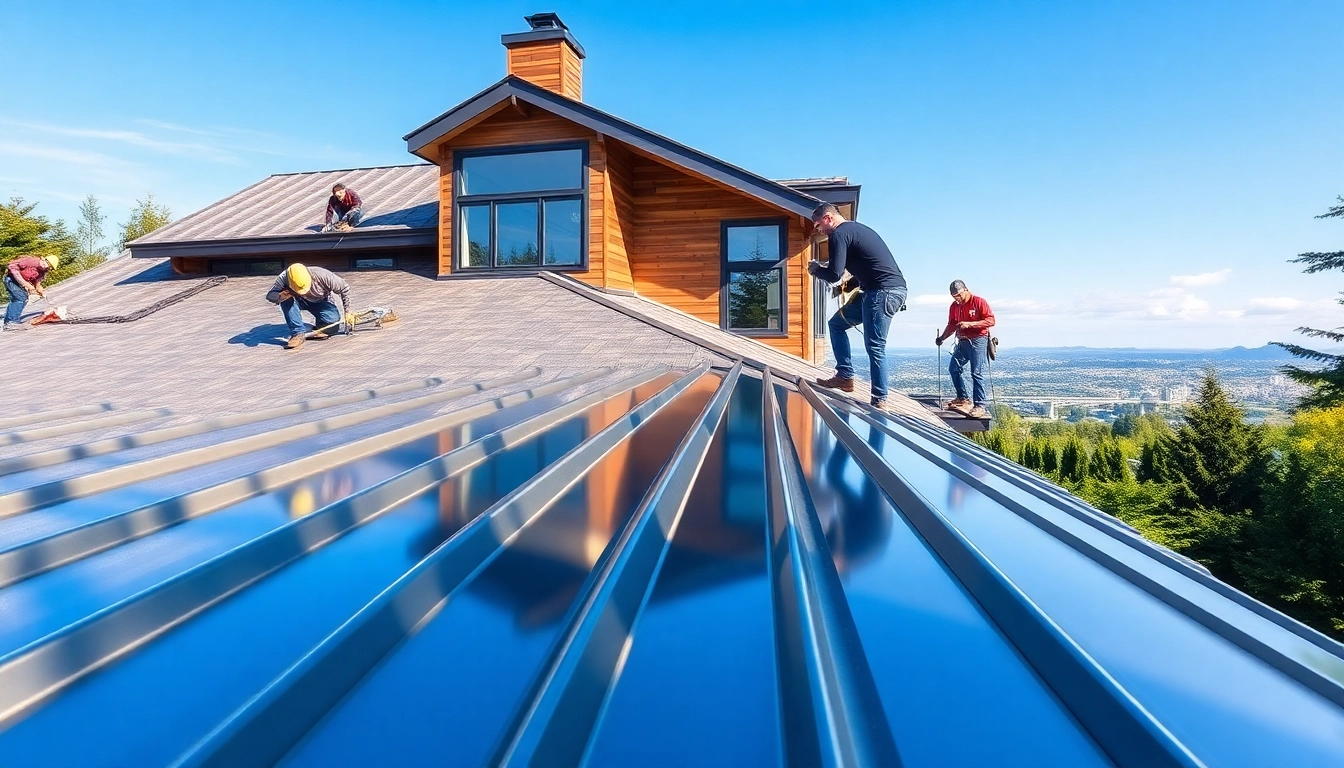 Installing metal roofing vancouver on a modern home with professionals showing craftsmanship.