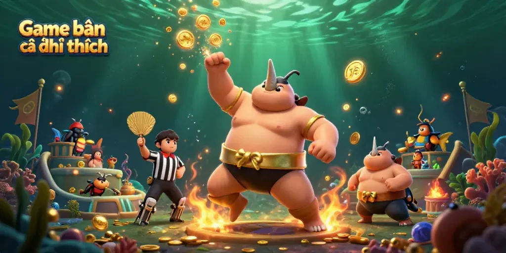 Game bắn cá đổi thưởng scene featuring a rhinoceros beetle champion and vibrant underwater treasures.