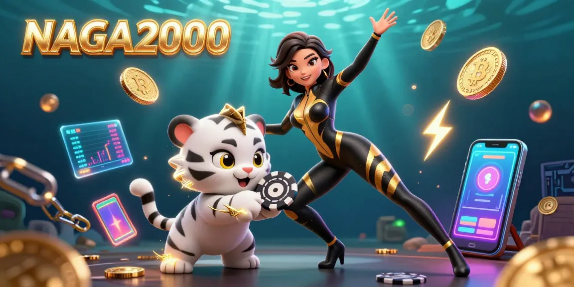 NAGA2000 menampilkan suasana ceria seorang wanita dalam kostum kucing dan seekor anak harimau putih bermain dengan chip poker, menekankan kegembiraan permainan.