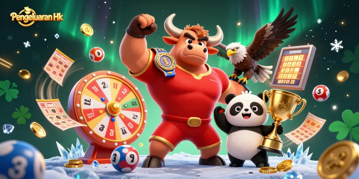 Engage with Pengeluaran Hk in a vibrant 3D illustration showcasing lottery elements and celebratory characters.