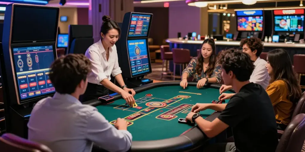 Players enjoying live casino games at https://five88bet.org/ in a vibrant gaming lounge, creating excitement and engagement.
