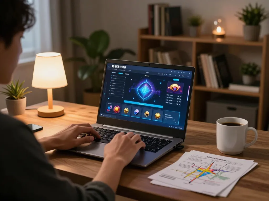 Engaging online gaming session on GTATOTO platform with player analyzing strategies in a cozy home setup.