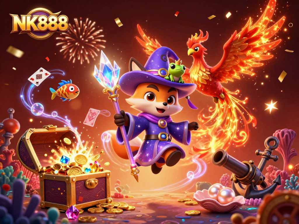 Experience the magic of NK888 with a mystical wizard fox, phoenix, and enchanted elements in a vibrant gambling scene.