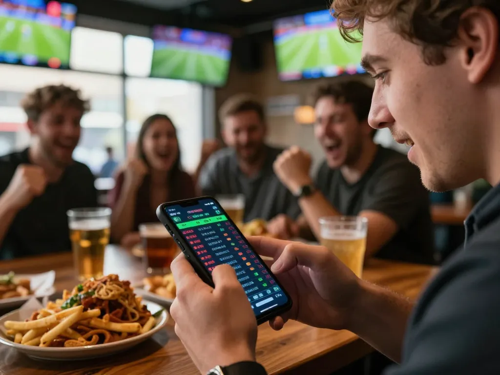 Kuwin sports betting action with engaged players analyzing odds at a vibrant sports bar.