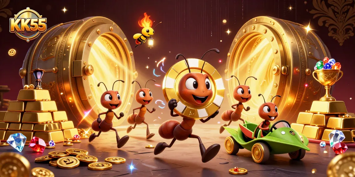 KK55 cartoon ants heist with poker chip, golden riches, and vibrant casino elements