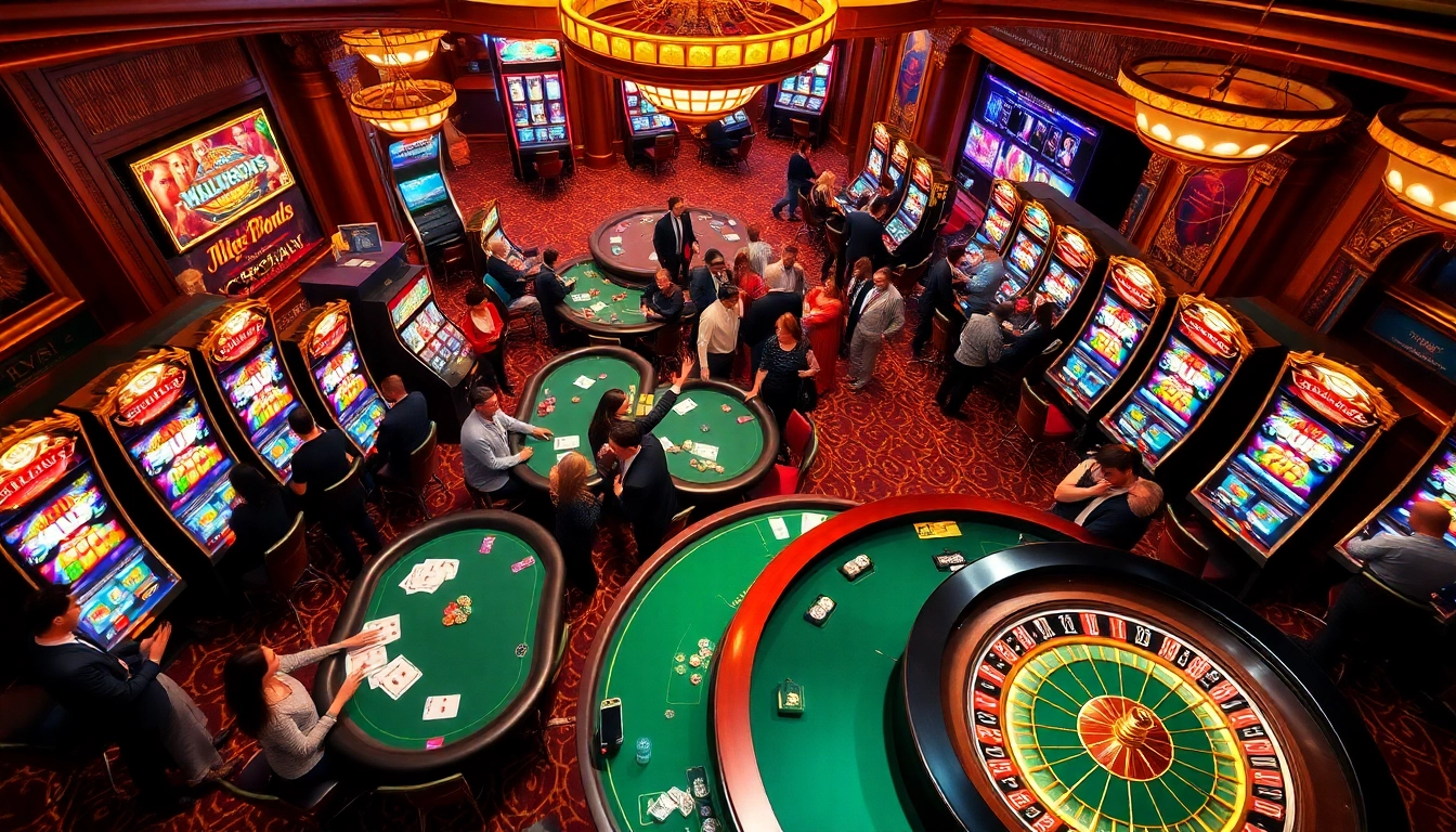 Engaging scene of Slot777 players enjoying vibrant slot machines and poker tables in a luxurious casino.