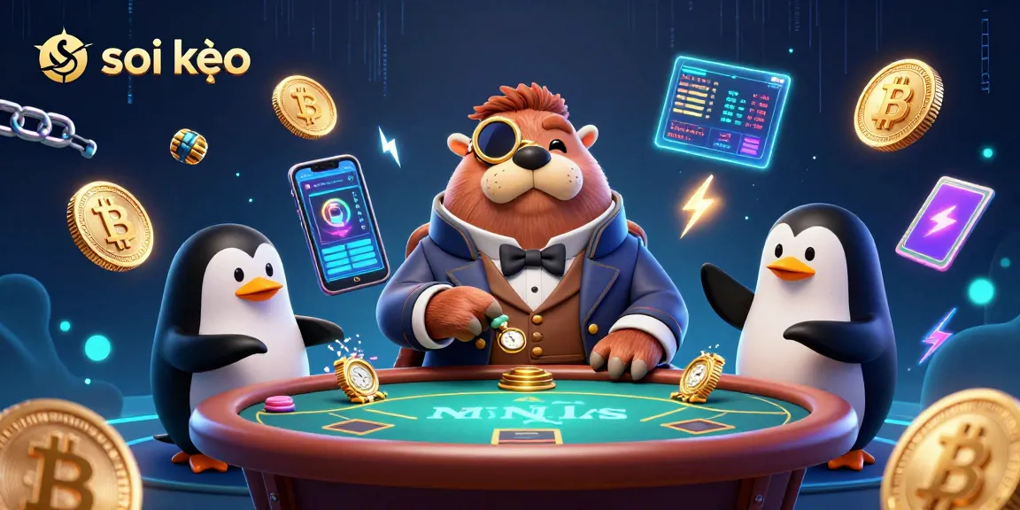 Engage in fun soi kèo alongside a jolly walrus and clever dealer in this vibrant casino scene.
