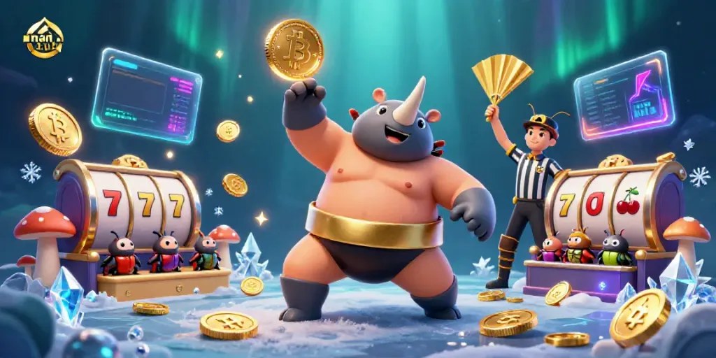 Engaging scene of man club characters in a casino-themed illustration, showcasing vibrant slot and crypto elements.