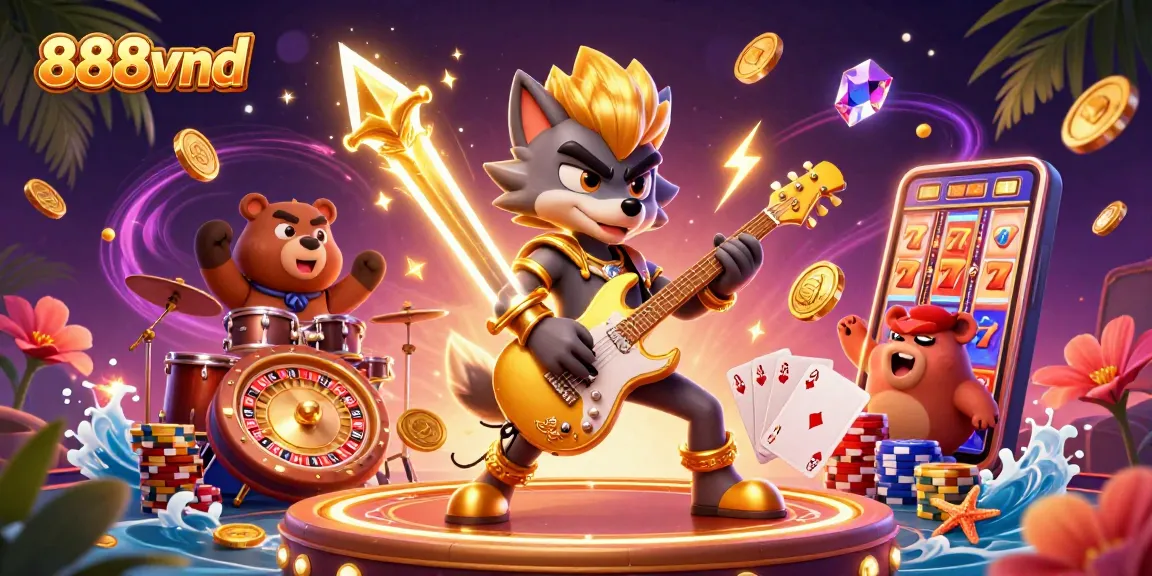 Experience thrilling games at 888vnd with rock star characters in a dynamic casino scene.