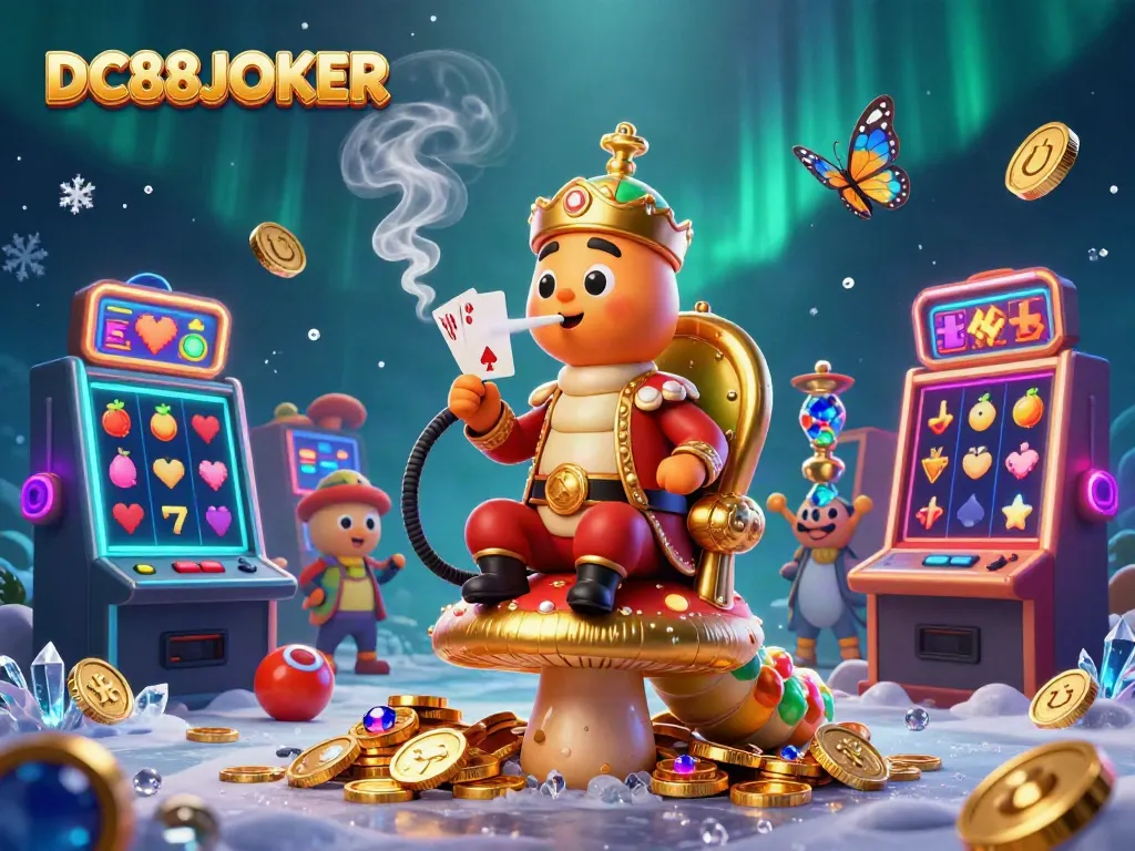 Experience the thrill of gaming at DC88JOKER with vibrant slot machines and a mystical caterpillar master.