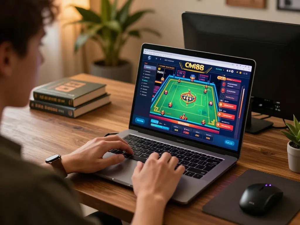 Player exploring CM88 online casino game strategies in a cozy home setup.