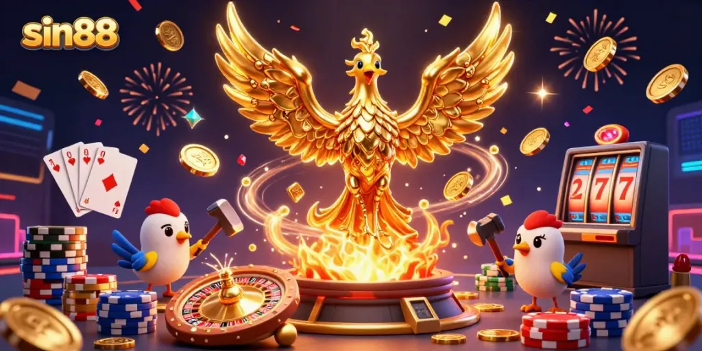 Engage in thrilling gaming action with sin88, featuring a molten phoenix and golden treasures.