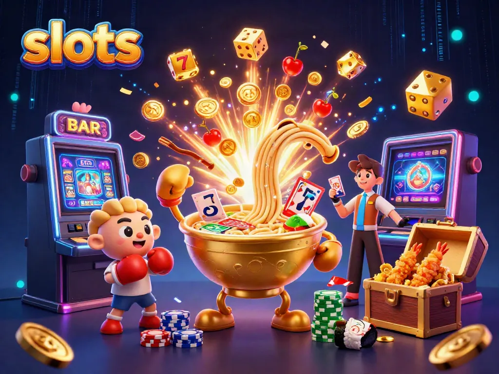 Engage with vibrant slots action, featuring a giant ramen bowl dealer amidst explosive jackpot elements.