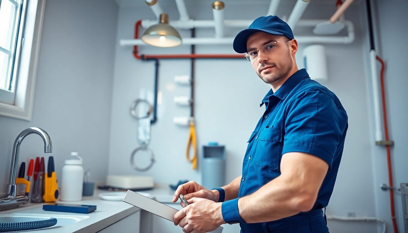 Find a reliable plumber near me fixing plumbing in a bright kitchen.