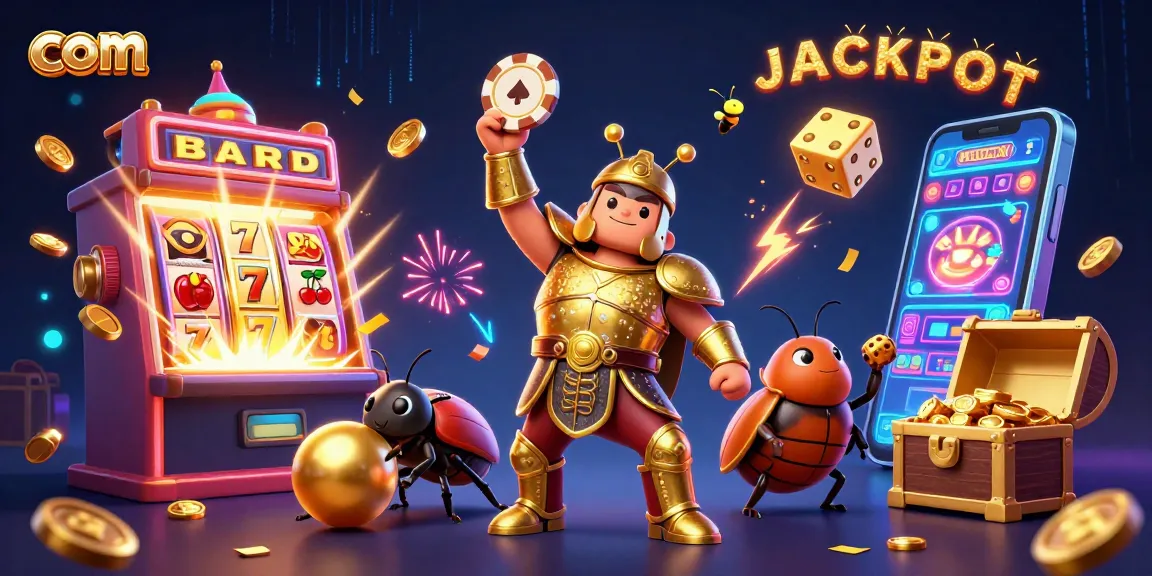 Experience thrilling jackpots with com featuring cartoon beetles and vibrant casino elements.