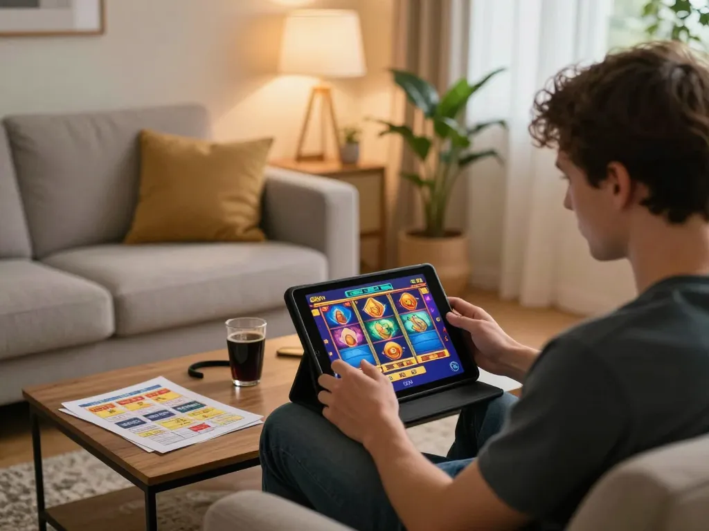 Player enjoying online slots at home, showcasing gg88 gaming experience in a cozy setting.