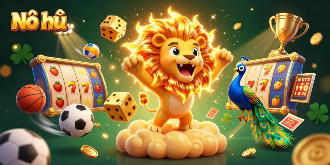 Nổ hũ game scene featuring a roaring lion, dynamic slot reels, and vibrant game elements for high-stakes excitement.