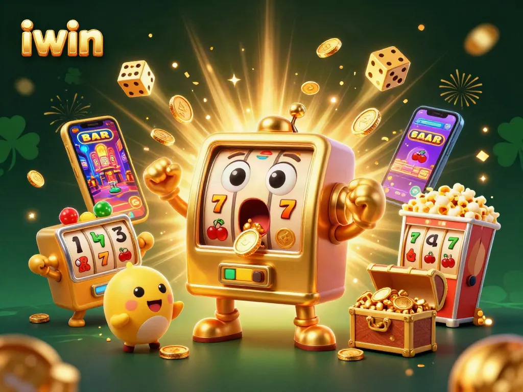 iwin slot machine hitting jackpot while coins shower down, vibrant 3D casino scene.