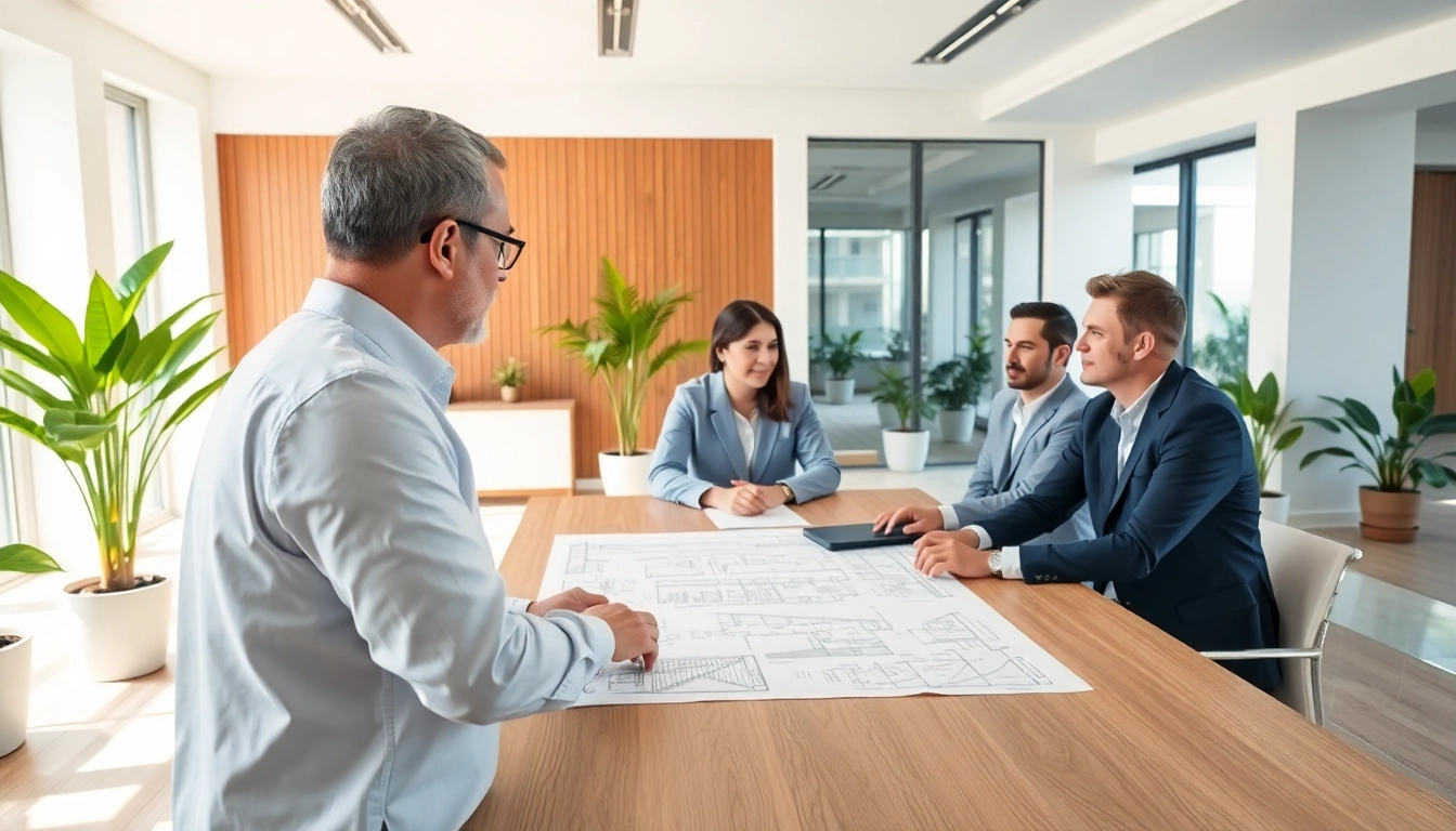 Architectural consultation Boston in a professional setting, architects and clients discussing plans.