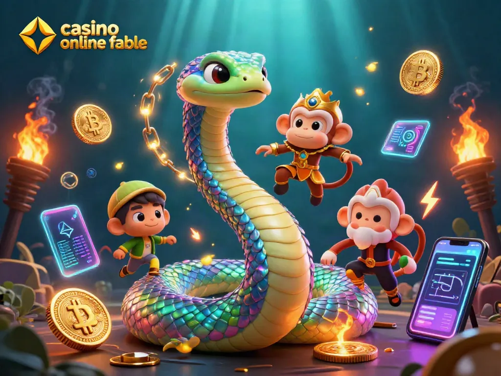 Juega en un casino online fiable mientras disfrutas de una ilustración de serpiente arcoíris y un rey mono.
