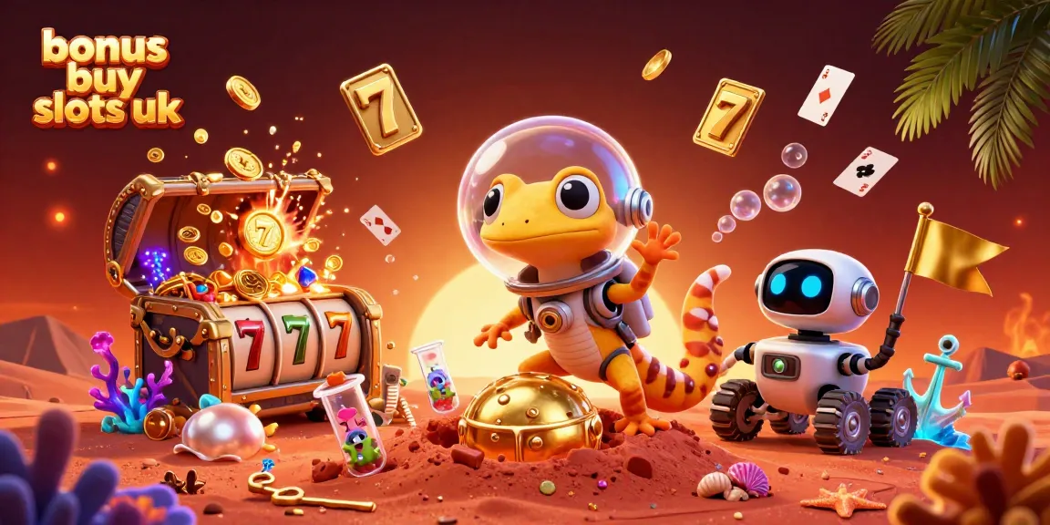 Discover exciting bonus buy slots uk with a Martian gecko in a retro space suit amidst a vibrant casino scene.
