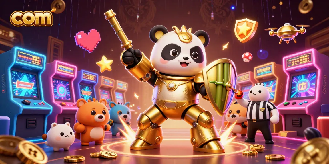 Engage with com's vibrant casino scene featuring a mech-suit panda and arcade elements.