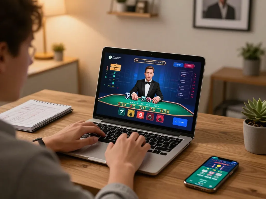 Engaged player at nhà cái 88aa online casino enjoying live blackjack on laptop with positive atmosphere