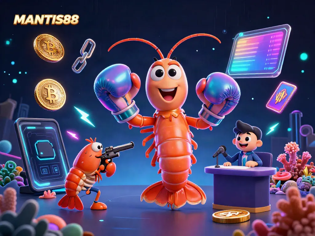 MANTIS88 showcases a vibrant scene with iridescent boxing mantis shrimp, crypto coins, and colorful elements in a dynamic casino setting.