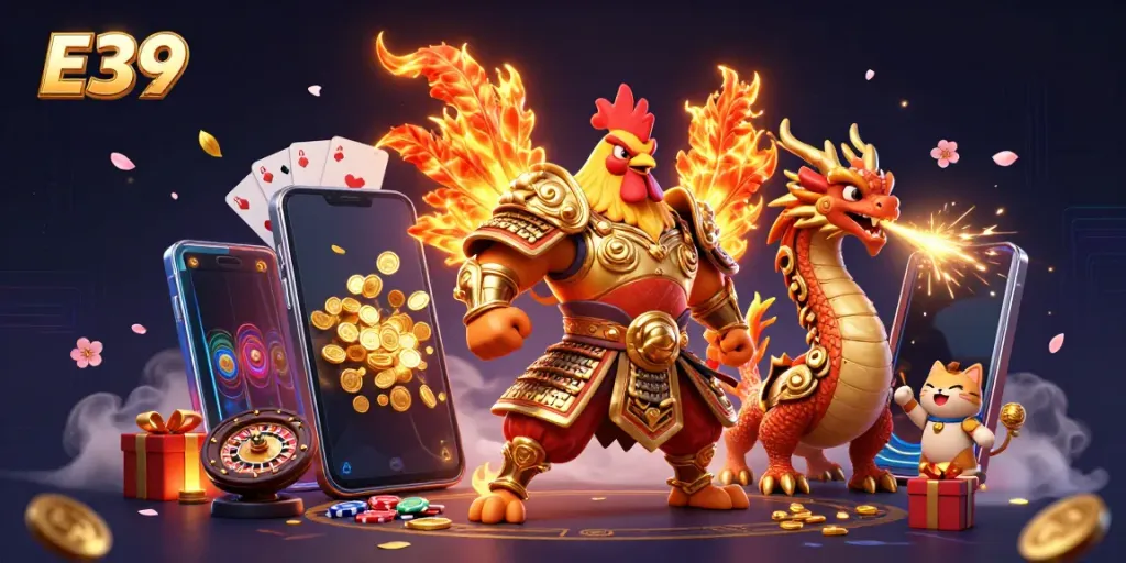 E39's dynamic casino scene with a roaring rooster warrior, a dragon, and vibrant gaming elements.