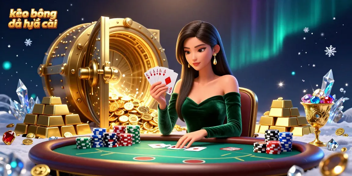 Experience thrilling kèo bóng đá nhà cái action with a strategic Asian woman at the poker table in a vibrant casino setting.