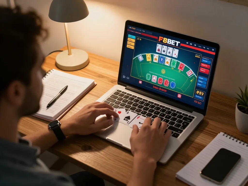 Engaged user playing live dealer blackjack on F8BET platform in a cozy home setting