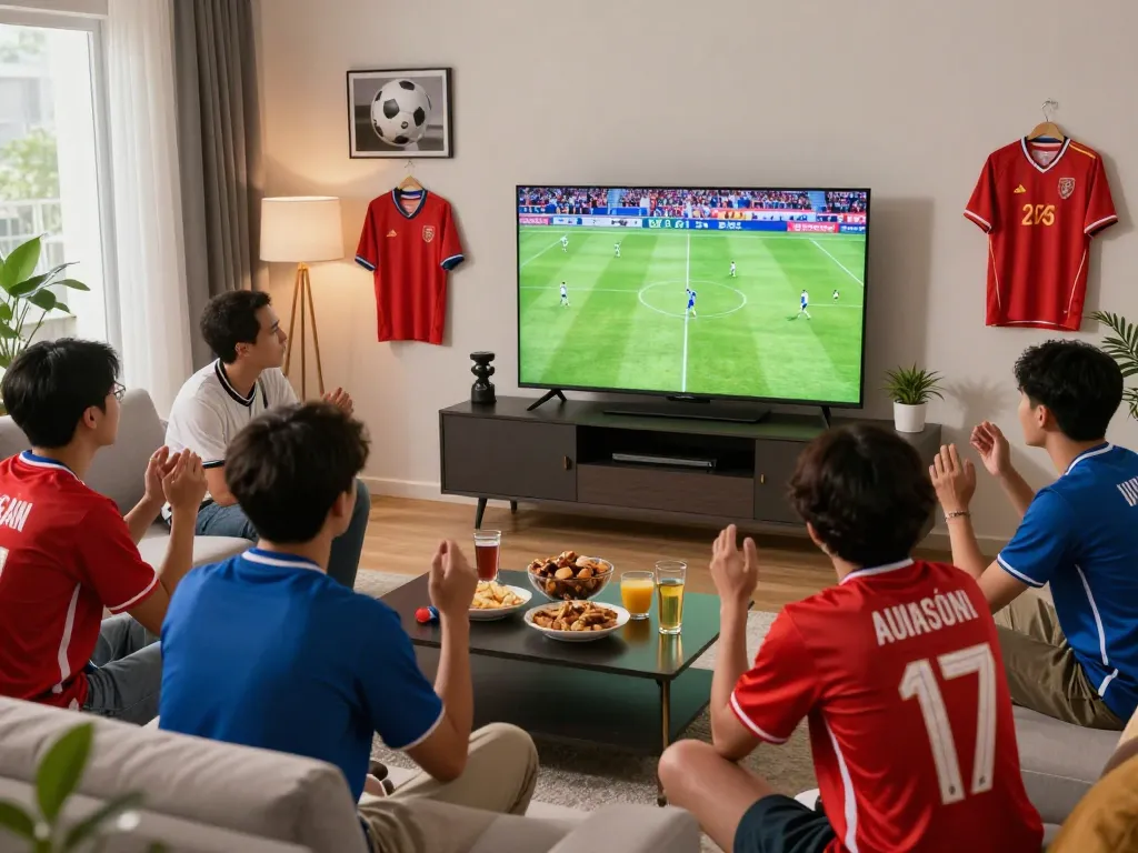 Fans enjoying a live soccer match on lương sơn tv in a vibrant living room setting.