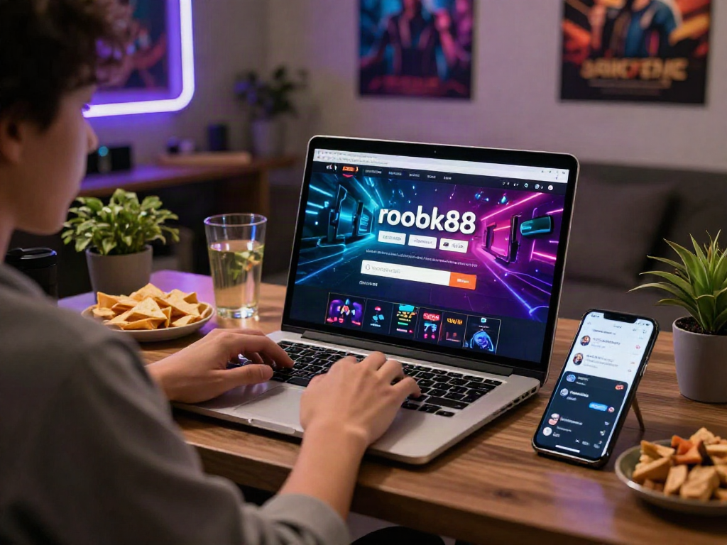 Engaging view of rokok88 login page on laptop in a vibrant gaming setup.