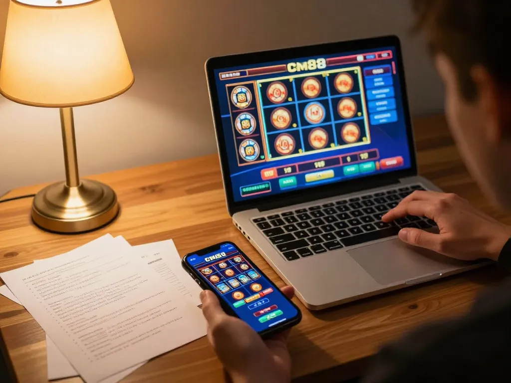 cm88 online casino gaming setup on a laptop and smartphone with strategic notes