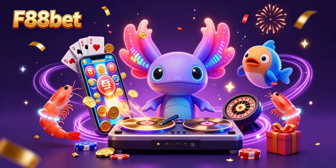 Experience vibrant gameplay with F88bet featuring neon characters, slot games, and dynamic casino elements.