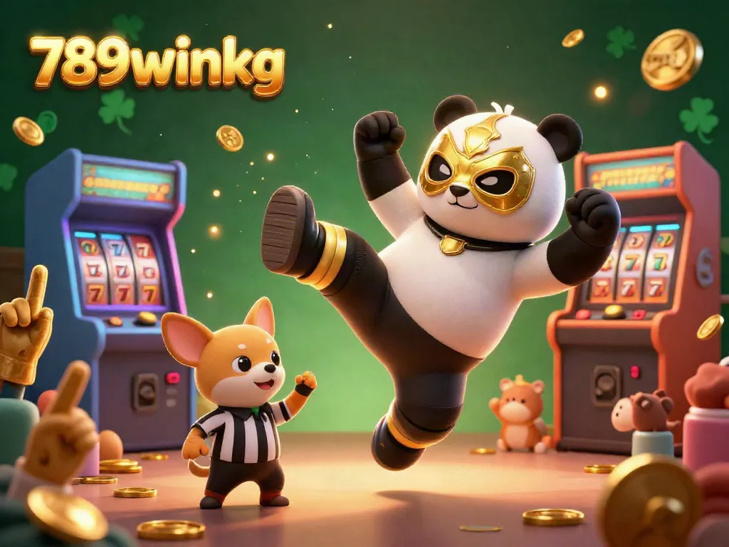 Engage with 789winkg in a lively casino scene featuring a panda wrestler and chihuahua referee.