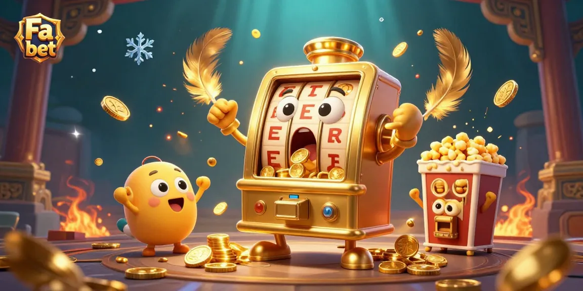 Jackpot celebration at Fa bet with a golden slot machine and cheering baby slots amidst a vibrant casino scene.