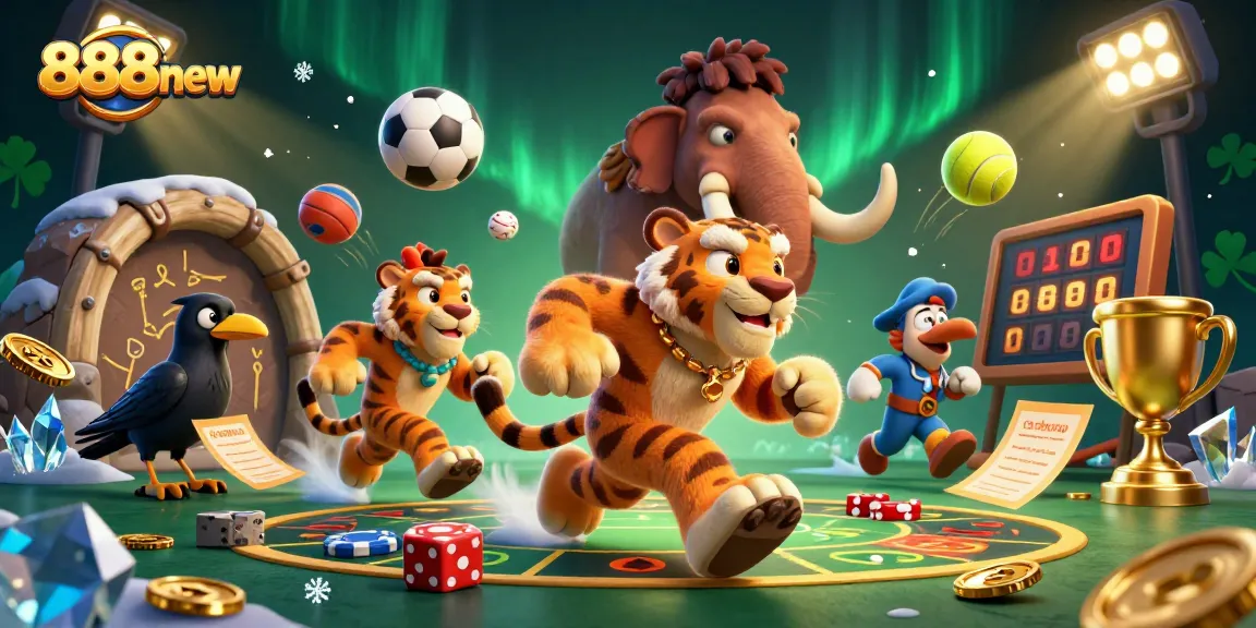 Experience the excitement of 888new in a vibrant, prehistoric casino scene with iconic characters.