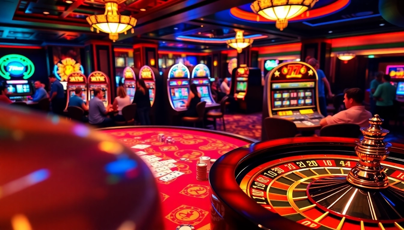 Players enjoying poker and slots at 789club, showcasing a luxurious casino atmosphere.