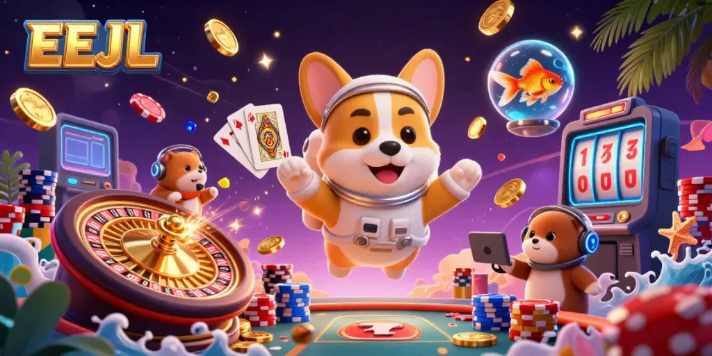Experience thrilling games at EEJL's vibrant space casino with floating characters and dynamic action.
