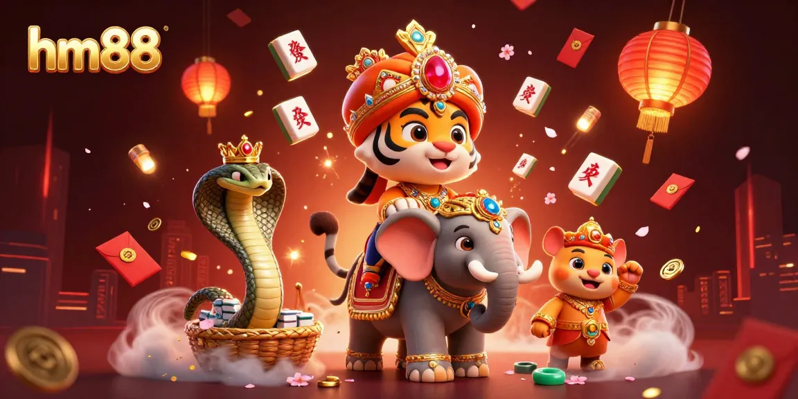 Experience vibrant gaming with hm88's 3D casino illustration showcasing majestic characters and festive elements.