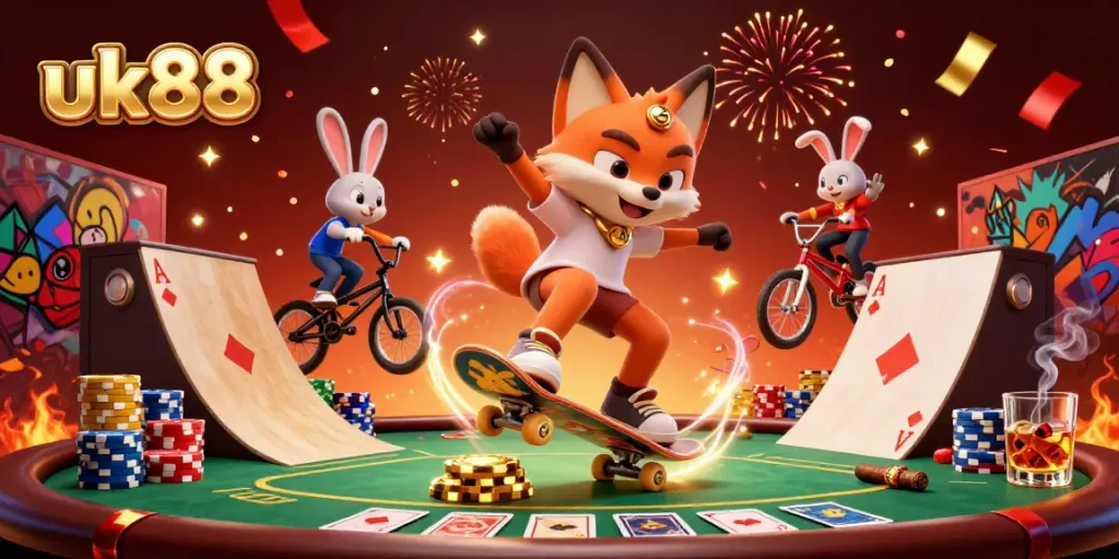 Experience the excitement of uk88 through vibrant, dynamic casino-themed art featuring a skateboarder fox and BMX rabbit.