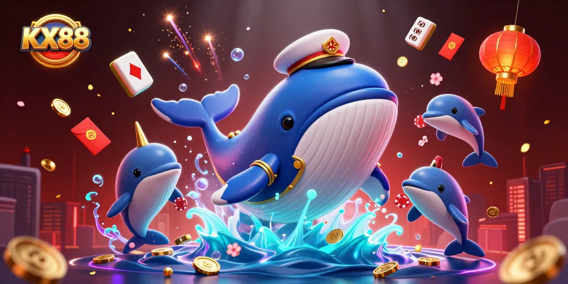 KX88 brings thrilling betting excitement with a cartoon whale and playful dolphins amidst a jubilant casino scene.
