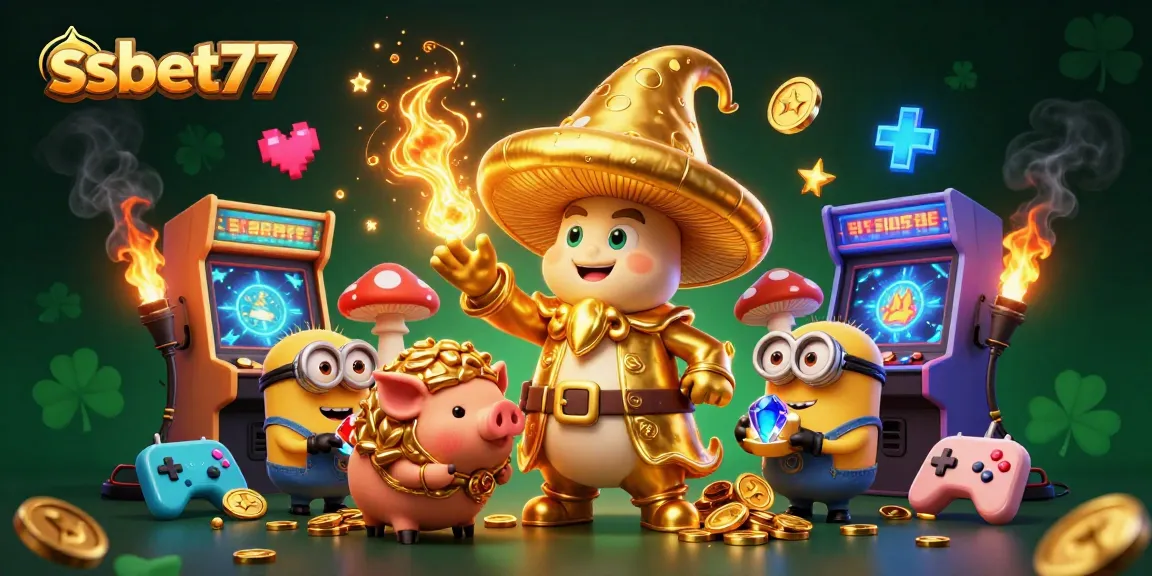 Engage in thrilling casino adventures at ssbet77 with a magical golden mushroom wizard surrounded by captivating game elements.