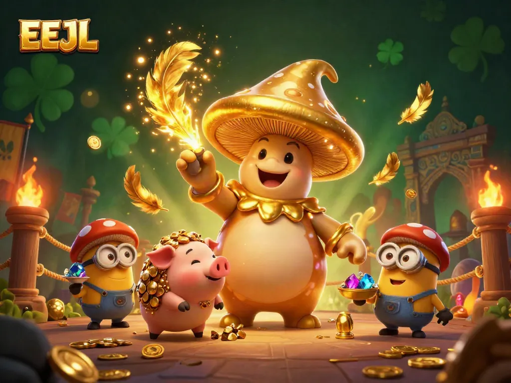 Engaging EEJL casino illustration with a golden mushroom wizard and treasures, perfect for gaming promotion.